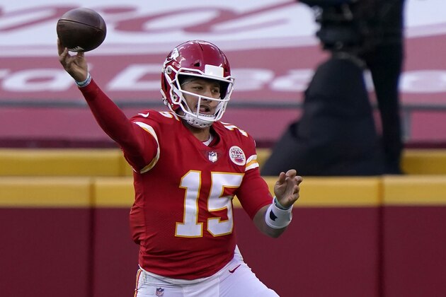 Kansas City Chiefs quarterback Patrick Mahomes (15) passes against the Carolina Panthers during the second half of an NFL football game in Kansas City, Mo., Sunday, Nov. 8, 2020. (AP Photo/Jeff Roberson)