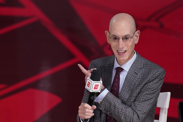 NBA Commissioner Adam Silver does an interview before Game 3 of basketball's NBA Finals, Sunday, Oct. 4, 2020, in Lake Buena Vista, Fla. (AP Photo/Mark J. Terrill)