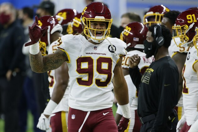 Washington Football Team defensive end Chase Young (99) plays against the Detroit Lions during the first half of an NFL football game, Sunday, Nov. 15, 2020, in Detroit. (AP Photo/Duane Burleson)