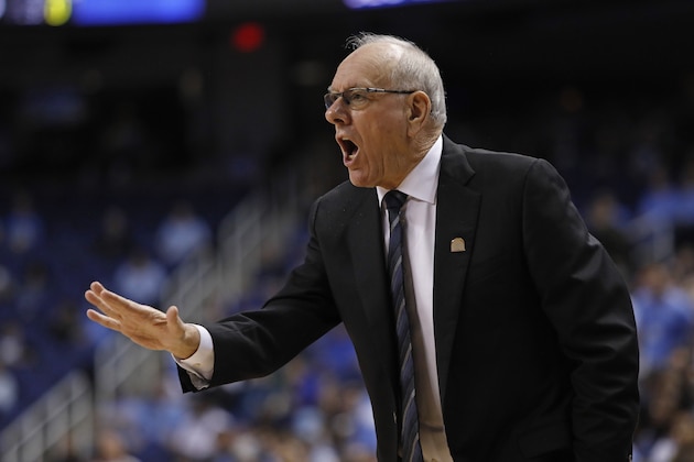 Syracuse head coach Jim Boeheim reacts during the first half of an NCAA college basketball game against North Carolina at the Atlantic Coast Conference tournament in Greensboro, N.C., Wednesday, March 11, 2020. (AP Photo/Ben McKeown)