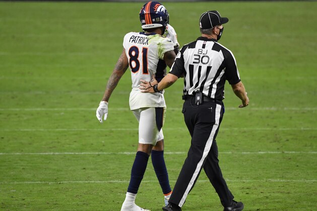 Denver Broncos wide receiver Tim Patrick #81 is ejected after fighting during the second half against the Las Vegas Raiders during an NFL football game, Sunday, Nov. 15, 2020, in Las Vegas. (AP Photo/Jeff Bottari)