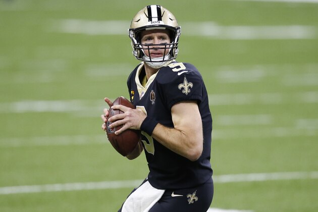 New Orleans Saints quarterback Drew Brees (9) warms up before an NFL football game against the San Francisco 49ers in New Orleans, Sunday, Nov. 15, 2020. (AP Photo/Butch Dill)