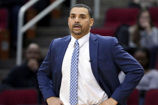 Tennessee-Martin coach Anthony Stewart watches during the first half of the team's NCAA college basketball game against Baylor on Wednesday, Dec. 18, 2019, in Houston. (AP Photo/Michael Wyke)