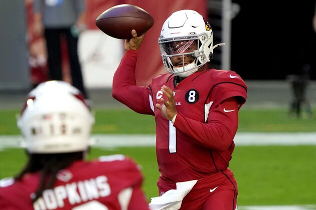 Arizona Cardinals quarterback Kyler Murray (1) throw to wide receiver DeAndre Hopkins (10) during the first half of an NFL football game against the Buffalo Bills, Sunday, Nov. 15, 2020, in Glendale, Ariz. (AP Photo/Rick Scuteri)
