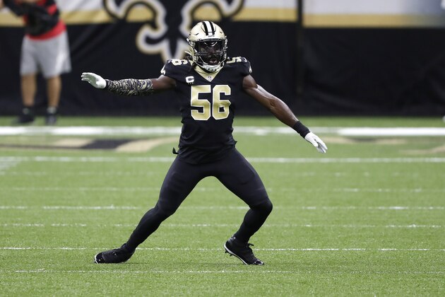 New Orleans Saints linebacker Demario Davis (56) during an NFL football game against the Green Bay Packers, Sunday, Sept. 27, 2020, in New Orleans. (AP Photo/Tyler Kaufman)