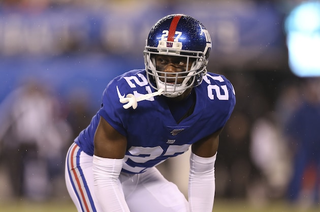 New York Giants cornerback Deandre Baker (27) during an NFL football game against the Philadelphia Eagles on Sunday, Dec. 29, 2019, in East Rutherford, N.J. The Eagles won 34-17.(AP Photo/Vera Nieuwenhuis)