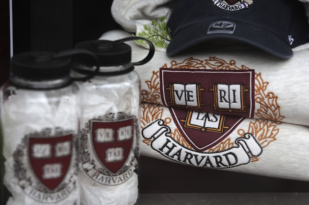 Harvard University logo items are displayed at a store in Cambridge, Mass., Tuesday, Aug. 13, 2019. (AP Photo/Charles Krupa)