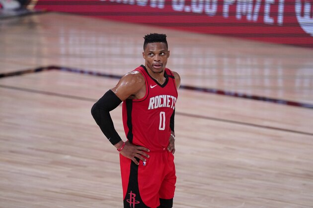 Houston Rockets' Russell Westbrook (0) looks up during the second half of an NBA conference semifinal playoff basketball game against the Los Angeles Lakers Thursday, Sept. 10, 2020, in Lake Buena Vista, Fla. The Lakers won 110-100. (AP Photo/Mark J. Terrill)