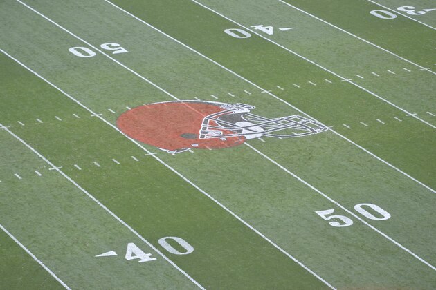 The Cleveland Browns logo is displayed on the field in the first half of an NFL football game against the Baltimore Ravens, Sunday, Sept. 18, 2016, in Cleveland. (AP Photo/David Richard)
