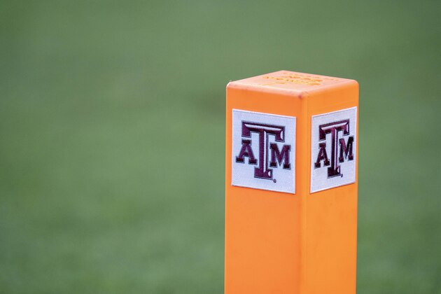 The Texas A&M logo is displayed on an end zone pylon of before the start of an NCAA college football game, between Arkansas and Texas A&M on Saturday, Oct. 31, 2020, in College Station, Texas. (AP Photo/Sam Craft)