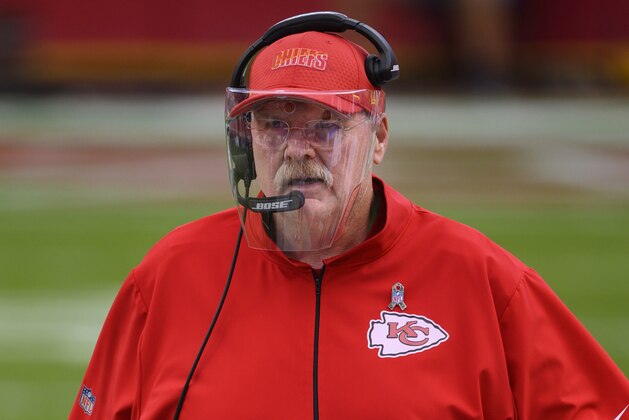 Kansas City Chiefs head coach Andy Reid during the first half of an NFL football game against the Carolina Panthers, Sunday, Nov. 8, 2020, in Kansas City, Mo. (AP Photo/Reed Hoffmann)