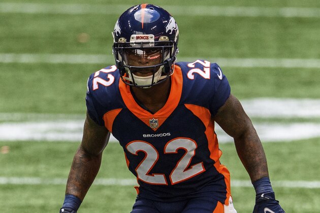 Denver Broncos strong safety Kareem Jackson (22) lines up against the Atlanta Falcons during the first half of an NFL football game, Sunday, Nov. 8, 2020, in Atlanta. The Atlanta Falcons won 34-27. (AP Photo/Danny Karnik)