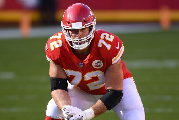 Kansas City Chiefs offensive tackle Eric Fisher (72) during the second half of an NFL football game against the Carolina Panthers, Sunday, Nov. 8, 2020, in Kansas City, Mo. (AP Photo/Reed Hoffmann)