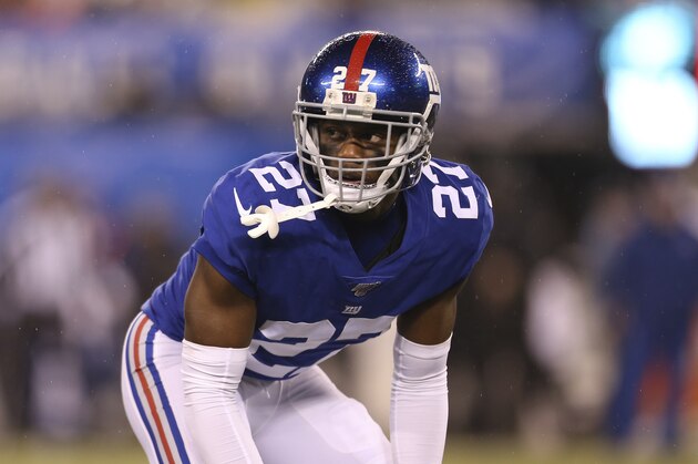 New York Giants cornerback Deandre Baker (27) during an NFL football game against the Philadelphia Eagles on Sunday, Dec. 29, 2019, in East Rutherford, N.J. The Eagles won 34-17.(AP Photo/Vera Nieuwenhuis)