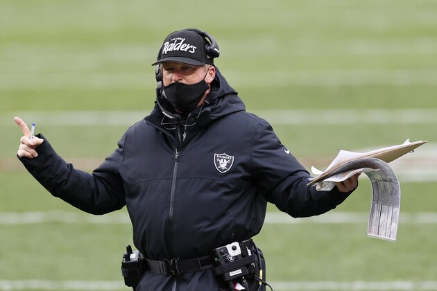 Las Vegas Raiders head coach Jon Gruden reacts during the second half of an NFL football game against the Cleveland Browns, Sunday, Nov. 1, 2020, in Cleveland. (AP Photo/Ron Schwane)