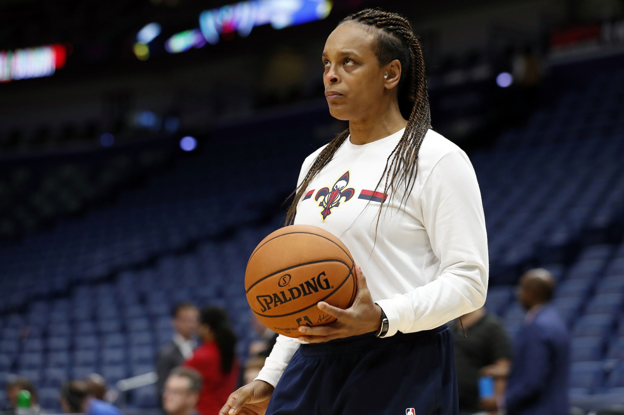New Orleans Pelicans player development coach Teresa Weatherspoon before a preseason NBA basketball game against the Utah Jazz in New Orleans, Friday, Oct. 11, 2019. (AP Photo/Tyler Kaufman)
