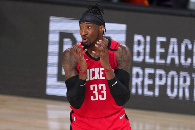 Houston Rockets' Robert Covington (33) gestures and reacts after his team was charged with a foul during the first half of an NBA first-round playoff basketball game against the Oklahoma City Thunder on Monday, Aug. 31, 2020, in Lake Buena Vista, Fla. (AP Photo/Mark J. Terrill)