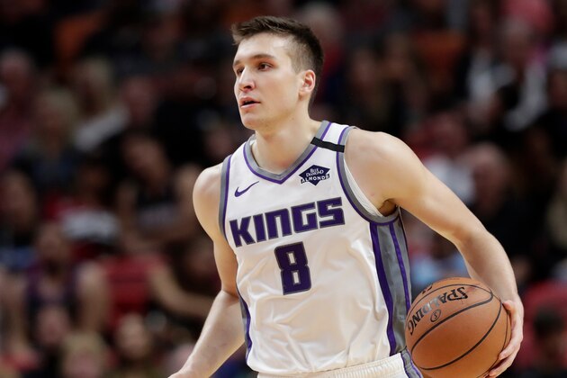 Sacramento Kings guard Bogdan Bogdanovic (8) in action during the first half of an NBA basketball game against the Miami Heat, Monday, Jan. 20, 2020, in Miami. (AP Photo/Lynne Sladky)
