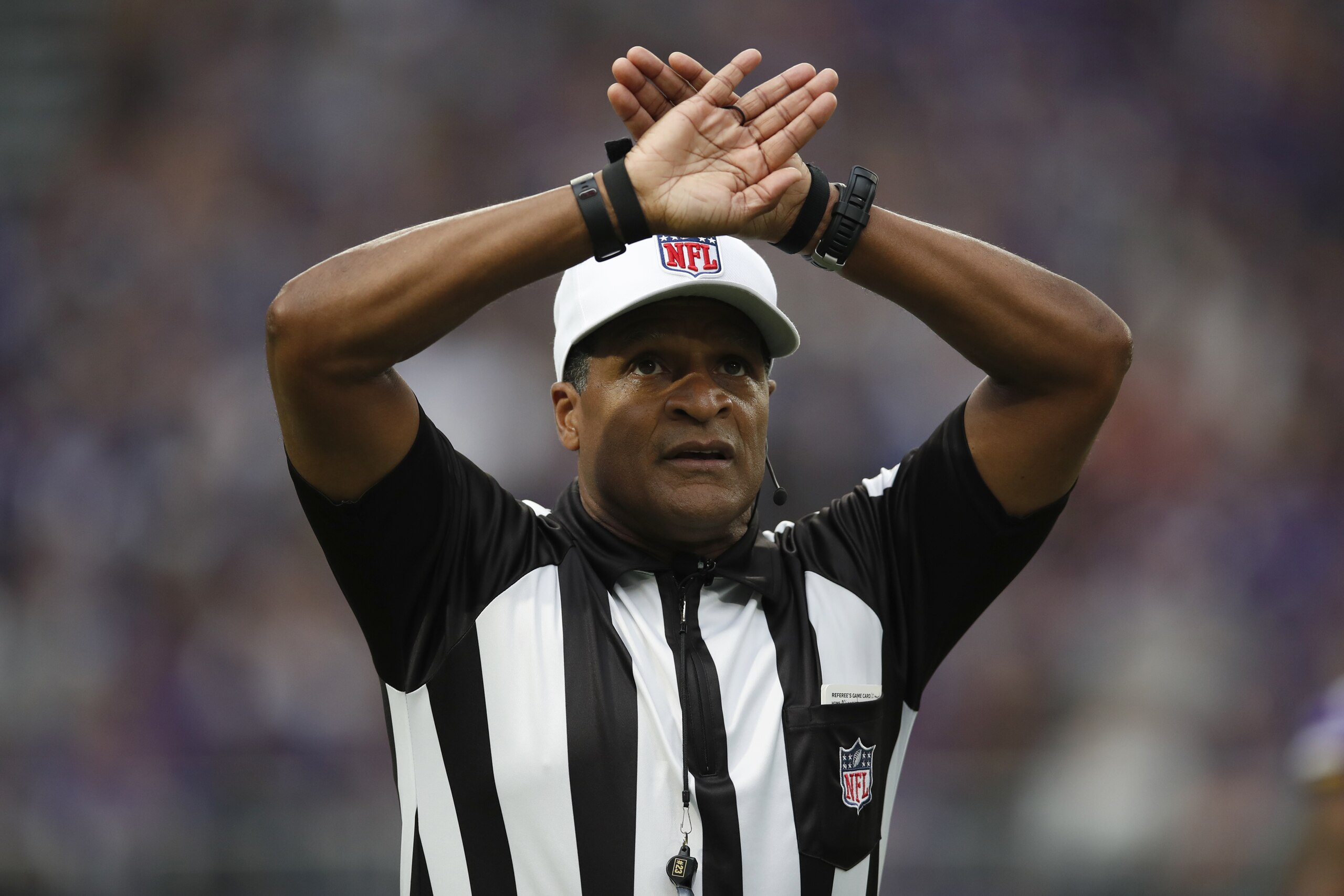 NFL referee Jerome Boger calls for a time out during an NFL football game between the Arizona Cardinals and Minnesota Vikings, Sunday, Oct. 14, 2018, in Minneapolis. The Vikings won 27-17. (Jeff Haynes/AP Images for Panini)