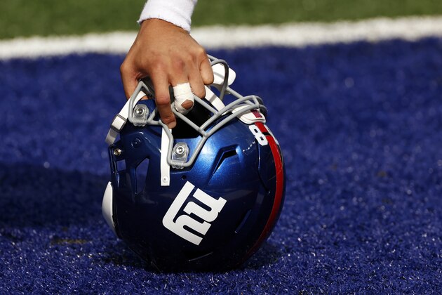 A detail shot of New York Giants tight end Evan Engram (88) helmet before an NFL football game against the Washington Football Team, Sunday, Oct. 18, 2020, in East Rutherford, N.J. (AP Photo/Adam Hunger)