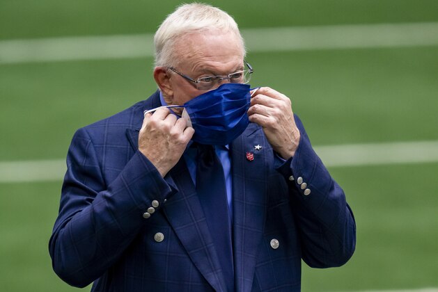 Dallas Cowboys owner Jerry Jones puts on a mask before an NFL football game against the Pittsburgh Steelers, Sunday, Nov. 8, 2020, in Arlington, Texas. Pittsburgh won 24-19. (AP Photo/Brandon Wade)