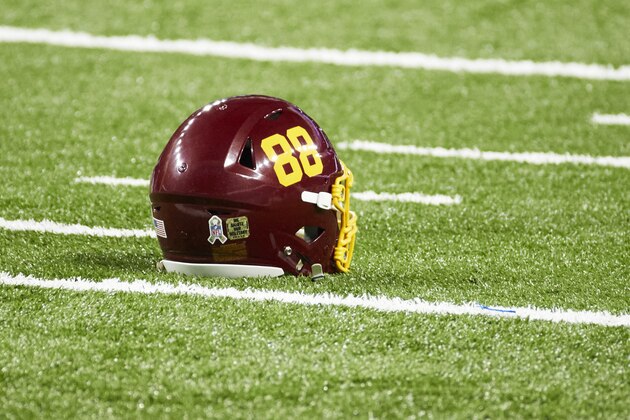 Helmet of Washington Football Team tight end Temarrick Hemingway (88) on the field against the Detroit Lions during an NFL football game, Sunday, Nov. 15, 2020, in Detroit. (AP Photo/Rick Osentoski)