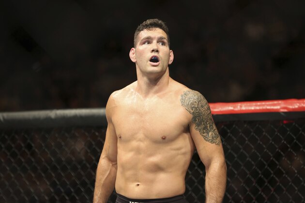Chris Weidman is seen against Kelvin Gastelum during their mixed martial arts bout at UFC on Fox 25, Saturday, July 22, 2017, in New York. Weidman won via 3rd round submission. (AP Photo/Steve Luciano)