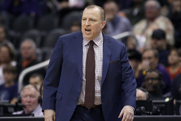 Minnesota Timberwolves head coach Tom Thibodeau calls out from the bench during the second half of an NBA basketball game against the Phoenix Suns, Saturday, Dec. 15, 2018, in Phoenix. (AP Photo/Ralph Freso)