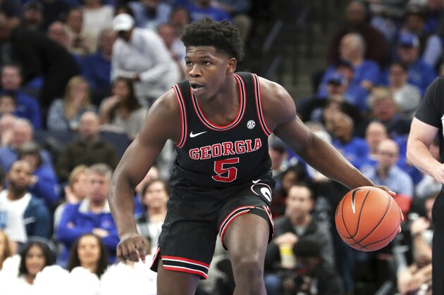 Georgia Anthony Edwards (5) looks to pass in the second half of an NCAA college basketball game against Memphis Saturday, Jan. 4, 2020, in Memphis, Tenn. (AP Photo/Karen Pulfer Focht)