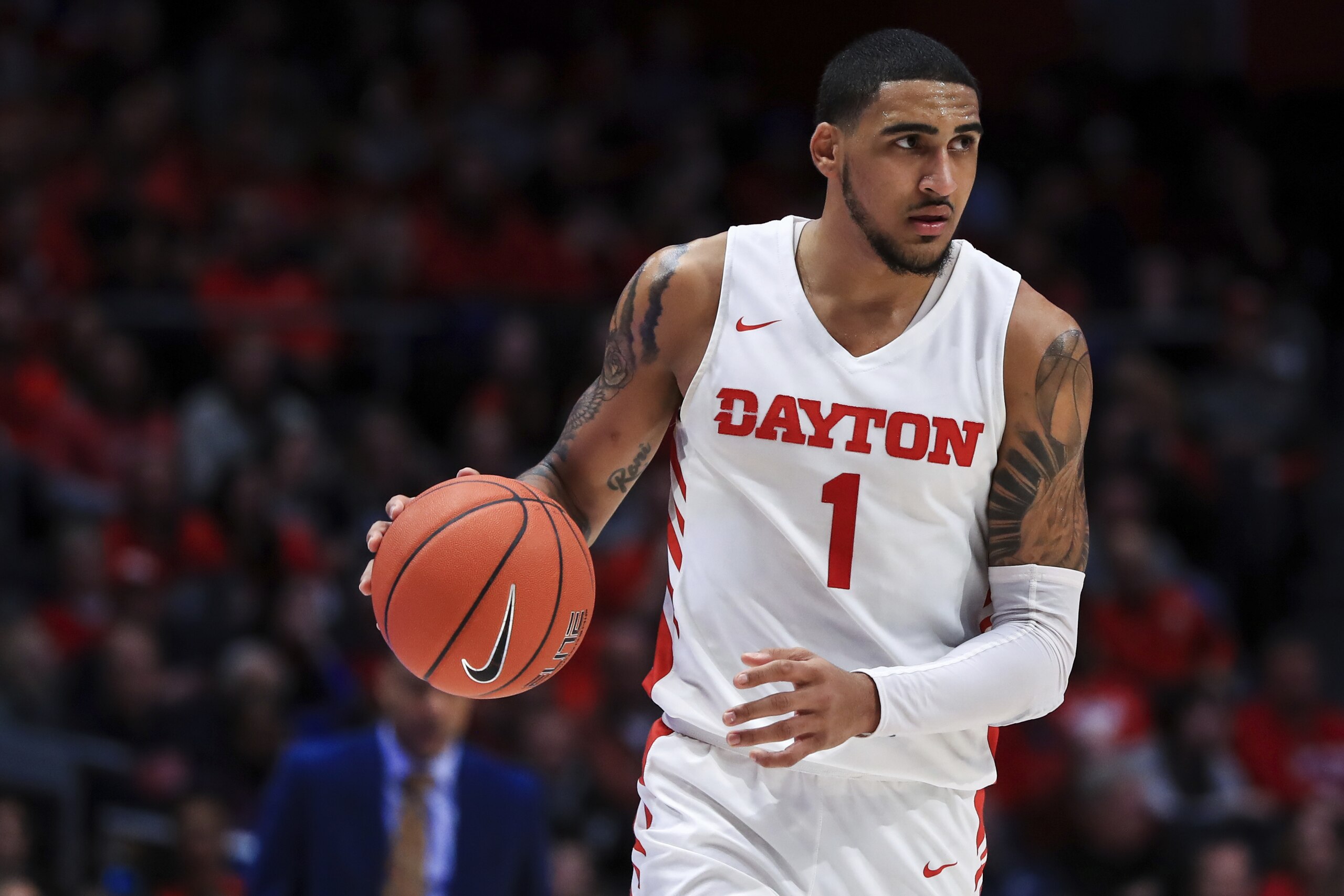 Dayton's Obi Toppin controls the ball during an NCAA college basketball game against Rhode Island, Tuesday, Feb. 11, 2020, in Dayton, Ohio. Dayton won 81-67. (AP Photo/Aaron Doster)