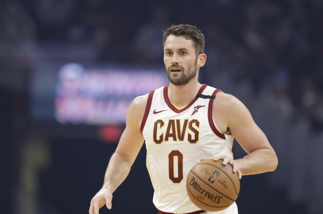 Cleveland Cavaliers' Kevin Love drives against the Miami Heat in the first half of an NBA basketball game, Monday, Feb. 24, 2020, in Cleveland. (AP Photo/Tony Dejak)