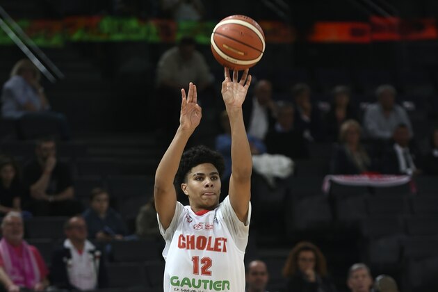 FILE - This April 22, 2017, file photo shows Cholet's Killian Hayes shooting during the French Cup under-17 final between Cholet and Chalon-sur-Saone in Paris. Hayes is a possible pick in the NBA Draft, Wednesday, Nov. 18, 2020.  (AP Photo, File)