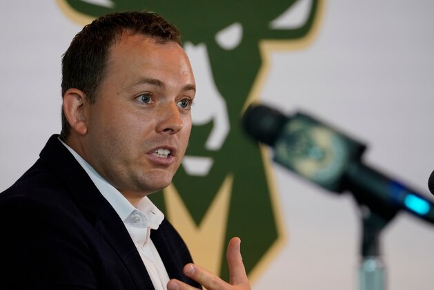FILE - In this June 19, 2017, file photo, Milwaukee Bucks general manager Jon Horst speaks at a news conference in Milwaukee. Horst, a longtime team executive who took over as GM last year, said the Bucks are a team that has “established itself in a consistent way, in that we have a core group of guys that can continue to move forward, continue to build on what we've done here in the last couple years.”(AP Photo/Morry Gash, File)