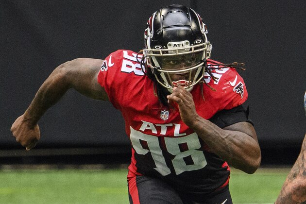 Atlanta Falcons defensive end Takkarist McKinley (98) works during the second half of an NFL football game against the Detroit Lions, Sunday, Oct. 25, 2020, in Atlanta. The Detroit Lions won 23-22. (AP Photo/Danny Karnik)