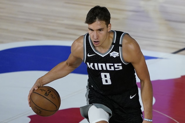 Sacramento Kings' Bogdan Bogdanovic (8) makes his way down the court during an NBA basketball game against the New Orleans Pelicans Thursday, Aug. 6, 2020, in Lake Buena Vista, Fla. (AP Photo/Ashley Landis, Pool)