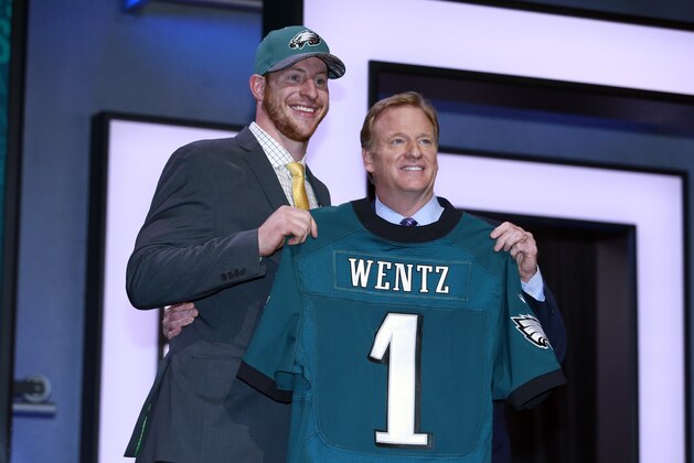 North Dakota State’s Carson Wentz poses for photos with NFL commissioner Roger Goodell after being selected by Philadelphia Eagles as second pick in the first round of the 2016 NFL football draft, Thursday, April 28, 2016, in Chicago. (Jeff Haynes/AP Images for Panini)