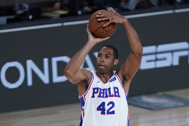 Philadelphia 76ers' Al Horford (42) shoots against the Houston Rockets during the second half of an NBA basketball game Friday, Aug. 14, 2020, in Lake Buena Vista, Fla. (AP Photo/Ashley Landis, Pool)