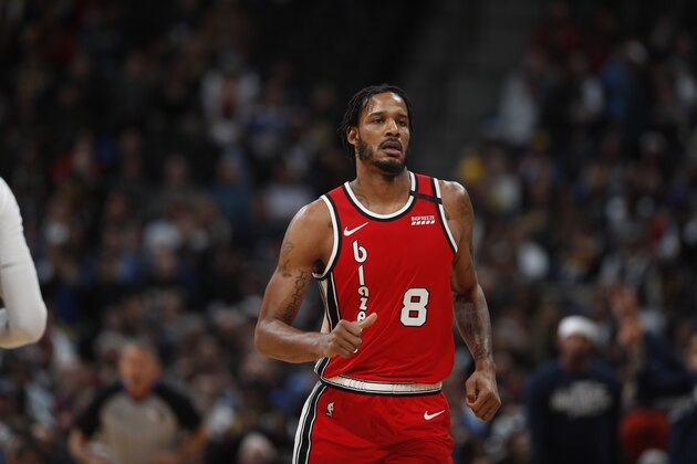 Portland Trail Blazers forward Trevor Ariza (8) in the first half of an NBA basketball game Tuesday, Feb. 4, 2020, in Denver. (AP Photo/David Zalubowski)