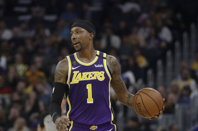 Los Angeles Lakers guard Kentavious Caldwell-Pope (1) against the Golden State Warriors during an NBA basketball game in San Francisco, Thursday, Feb. 27, 2020. (AP Photo/Jeff Chiu)
