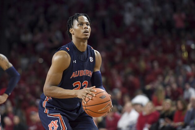 Auburn forward Isaac Okoro against Arkansas during the second half of an NCAA college basketball game Tuesday, Feb. 4, 2020, in Fayetteville, Arkansas. (AP Photo/Michael Woods)
