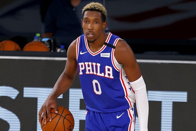 Philadelphia 76ers' Josh Richardson handles the ball on offense against the San Antonio Spurs during the third quarter of an NBA basketball game Monday, Aug. 3, 2020, in Lake Buena Vista, Fla. (Mike Ehrmann/Pool Photo via AP)