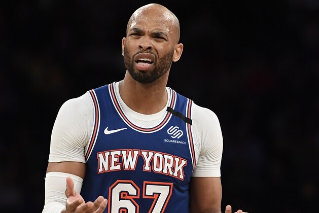 New York Knicks center Taj Gibson (67) reacts after a call during the second half of an NBA basketball game against the Utah Jazz in New York, Wednesday, March 4, 2020. (AP Photo/Sarah Stier)