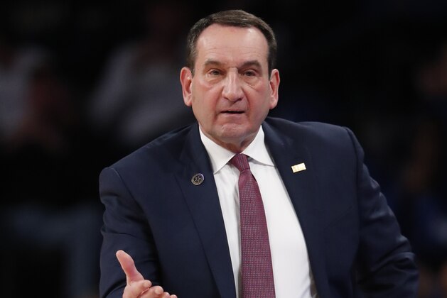 Duke head coach Mike Krzyzewski is shown against Georgia Tech in the first half of an NCAA college basketball game Wednesday, Jan. 8, 2020, in Atlanta. (AP Photo/John Bazemore)