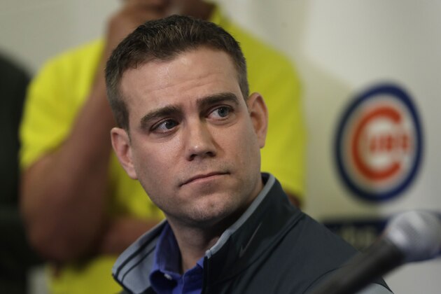 Chicago Cubs President of Baseball Operations Theo Epstein seen during a media availability at the team's spring training baseball facility Tuesday, Feb. 13, 2018, in Mesa, Az. (AP Photo/Carlos Osorio)