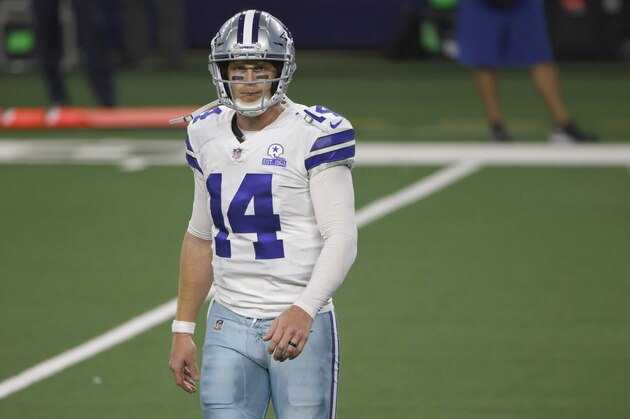 Dallas Cowboys quarterback Andy Dalton (14) looks on against the Arizona Cardinals during an NFL football game in Arlington, Texas, Sunday, Oct. 19, 2020. (AP Photo/Ron Jenkins)