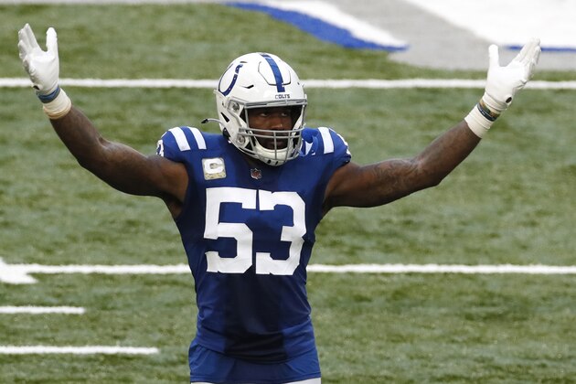 Indianapolis Colts outside linebacker Darius Leonard (53) celebrates a sack against the Baltimore Ravens in the first half of an NFL football game in Indianapolis, Sunday, Nov. 8, 2020. (Jeff Haynes/AP Images for Panini)