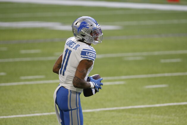 Detroit Lions wide receiver Marvin Jones Jr. warms up before an NFL football game against the Minnesota Vikings, Sunday, Nov. 8, 2020, in Minneapolis. (AP Photo/Bruce Kluckhohn)