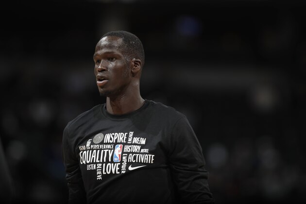 Detroit Pistons forward Thon Maker (7) in the first half of an NBA basketball game Tuesday, Feb. 25, 2020, in Denver. (AP Photo/David Zalubowski)