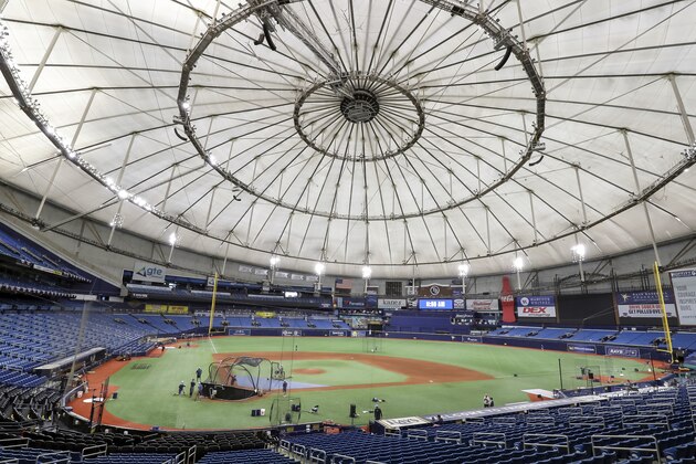 A general view of Tropicana Field during practice Sunday July 5, 2020, in St. Petersburg, Fla. (AP Photo/Mike Carlson)