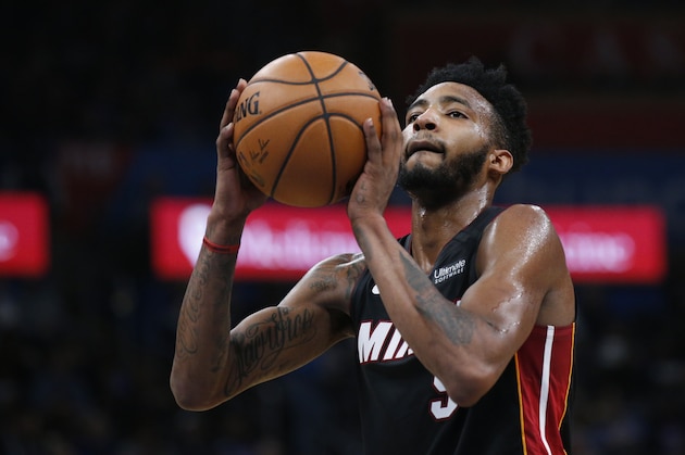 Miami Heat forward Derrick Jones Jr. (5) during an NBA basketball game against the Oklahoma City Thunder Friday, Jan. 17, 2020, in Oklahoma City. (AP Photo/Sue Ogrocki)